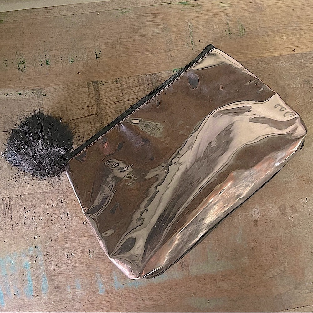 Nordstrom mirrored silver black tassle cosmetic makeup bag